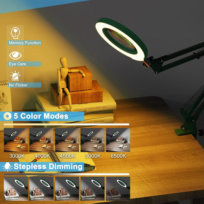 10X Magnifying Glass with Light and Clamp, Real Glass Stand Lighted Magnifier, 5 Color Modes Stepless Dimmable LED Desk Lamp Hands Free for Crafts Hobby Reading Painting Sewing Close Work