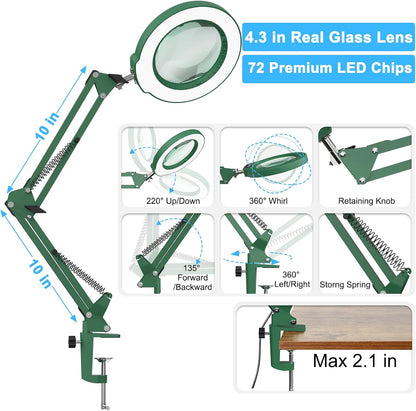 10X Magnifying Glass with Light and Clamp, Real Glass Stand Lighted Magnifier, 5 Color Modes Stepless Dimmable LED Desk Lamp Hands Free for Crafts Hobby Reading Painting Sewing Close Work