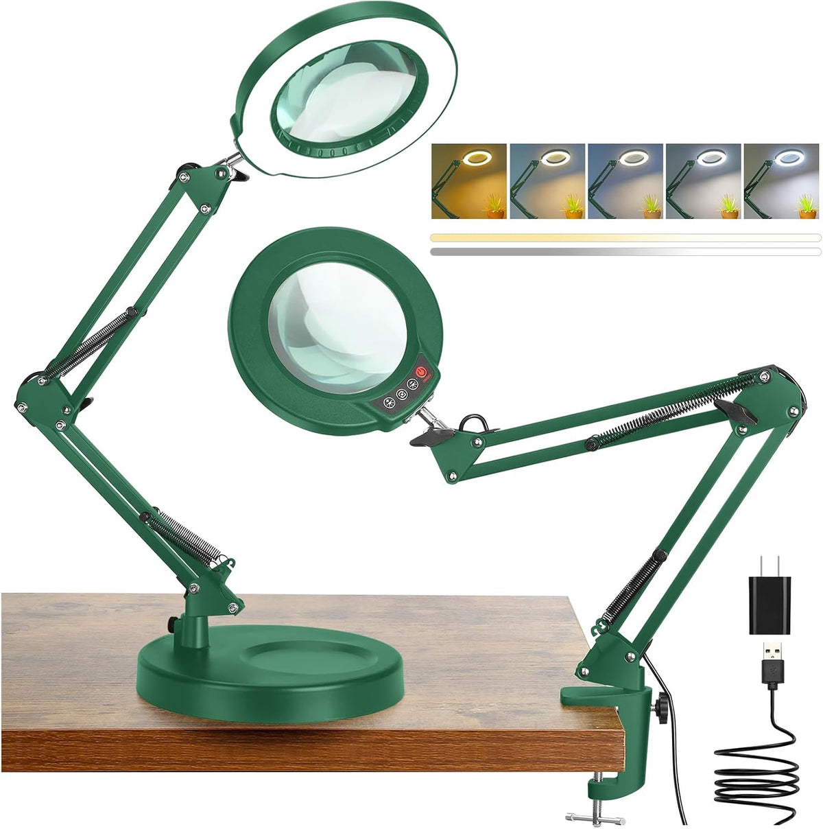 10X Magnifying Glass with Light and Clamp, Real Glass Stand Lighted Magnifier, 5 Color Modes Stepless Dimmable LED Desk Lamp Hands Free for Crafts Hobby Reading Painting Sewing Close Work