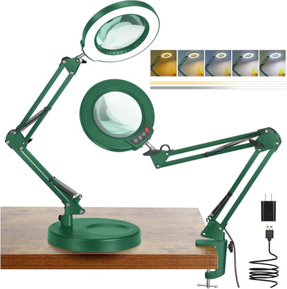 10X Magnifying Glass with Light and Clamp, Real Glass Stand Lighted Magnifier, 5 Color Modes Stepless Dimmable LED Desk Lamp Hands Free for Crafts Hobby Reading Painting Sewing Close Work