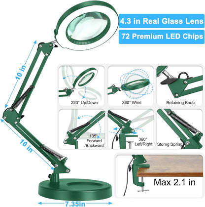10X Magnifying Glass with Light and Clamp, Real Glass Stand Lighted Magnifier, 5 Color Modes Stepless Dimmable LED Desk Lamp Hands Free for Crafts Hobby Reading Painting Sewing Close Work