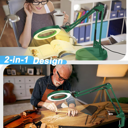 10X Magnifying Glass with Light and Clamp, Real Glass Stand Lighted Magnifier, 5 Color Modes Stepless Dimmable LED Desk Lamp Hands Free for Crafts Hobby Reading Painting Sewing Close Work