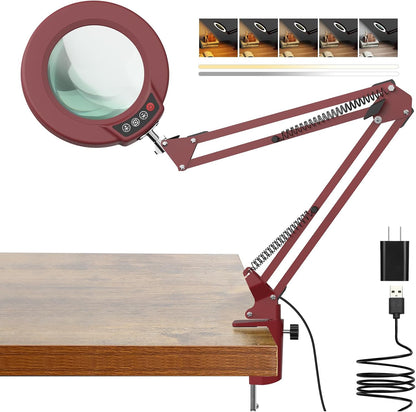 10X Magnifying Glass with Light and Clamp, Real Glass Stand Lighted Magnifier, 5 Color Modes Stepless Dimmable LED Desk Lamp Hands Free for Crafts Hobby Reading Painting Sewing Close Work