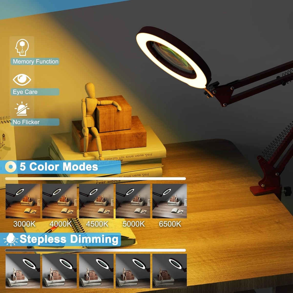 10X Magnifying Glass with Light and Clamp, Real Glass Stand Lighted Magnifier, 5 Color Modes Stepless Dimmable LED Desk Lamp Hands Free for Crafts Hobby Reading Painting Sewing Close Work