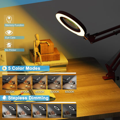 10X Magnifying Glass with Light and Clamp, Real Glass Stand Lighted Magnifier, 5 Color Modes Stepless Dimmable LED Desk Lamp Hands Free for Crafts Hobby Reading Painting Sewing Close Work