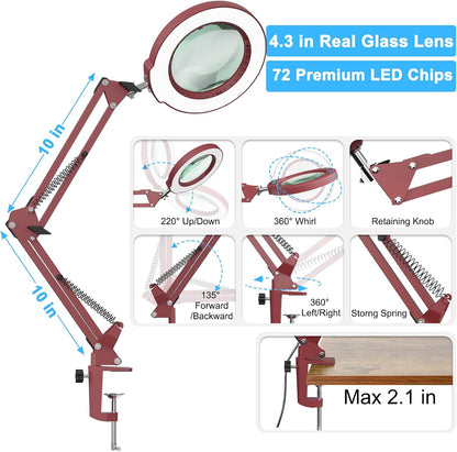 10X Magnifying Glass with Light and Clamp, Real Glass Stand Lighted Magnifier, 5 Color Modes Stepless Dimmable LED Desk Lamp Hands Free for Crafts Hobby Reading Painting Sewing Close Work