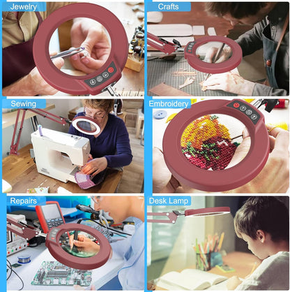 10X Magnifying Glass with Light and Clamp, Real Glass Stand Lighted Magnifier, 5 Color Modes Stepless Dimmable LED Desk Lamp Hands Free for Crafts Hobby Reading Painting Sewing Close Work