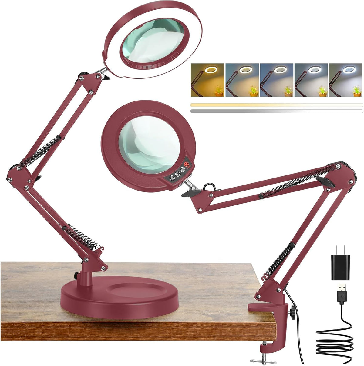 10X Magnifying Glass with Light and Clamp, Real Glass Stand Lighted Magnifier, 5 Color Modes Stepless Dimmable LED Desk Lamp Hands Free for Crafts Hobby Reading Painting Sewing Close Work