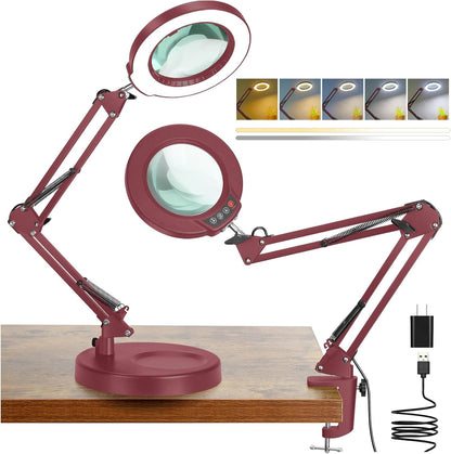 10X Magnifying Glass with Light and Clamp, Real Glass Stand Lighted Magnifier, 5 Color Modes Stepless Dimmable LED Desk Lamp Hands Free for Crafts Hobby Reading Painting Sewing Close Work