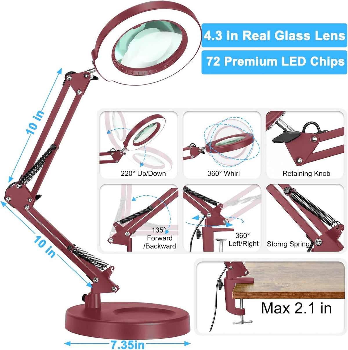 10X Magnifying Glass with Light and Clamp, Real Glass Stand Lighted Magnifier, 5 Color Modes Stepless Dimmable LED Desk Lamp Hands Free for Crafts Hobby Reading Painting Sewing Close Work