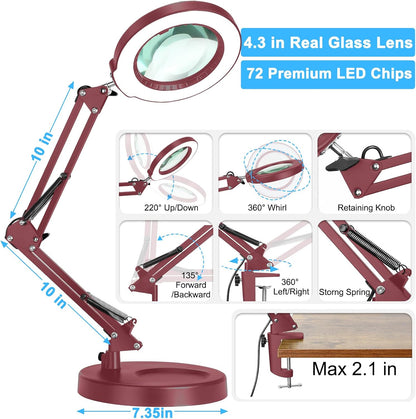 10X Magnifying Glass with Light and Clamp, Real Glass Stand Lighted Magnifier, 5 Color Modes Stepless Dimmable LED Desk Lamp Hands Free for Crafts Hobby Reading Painting Sewing Close Work