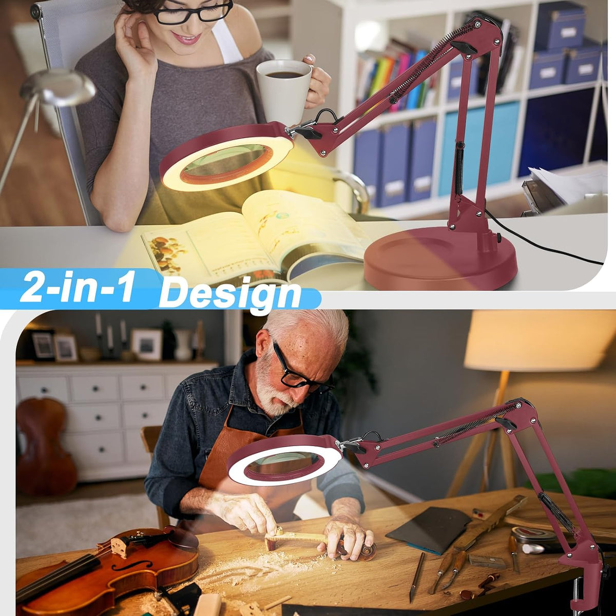 10X Magnifying Glass with Light and Clamp, Real Glass Stand Lighted Magnifier, 5 Color Modes Stepless Dimmable LED Desk Lamp Hands Free for Crafts Hobby Reading Painting Sewing Close Work