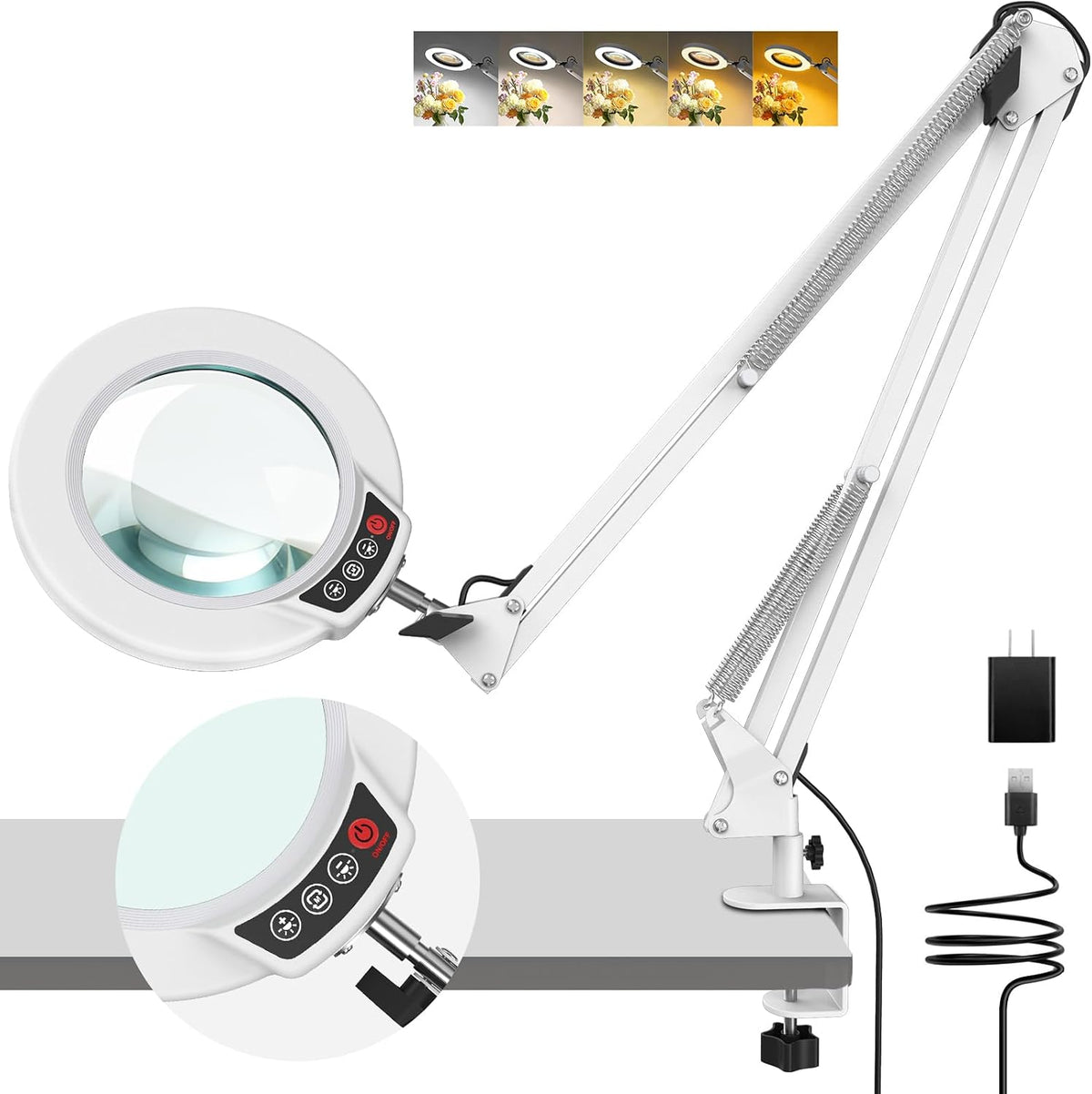 10X Magnifying Glass with Light and Clamp, Real Glass Stand Lighted Magnifier, 5 Color Modes Stepless Dimmable LED Desk Lamp Hands Free for Crafts Hobby Reading Painting Sewing Close Work
