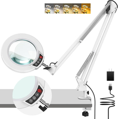 10X Magnifying Glass with Light and Clamp, Real Glass Stand Lighted Magnifier, 5 Color Modes Stepless Dimmable LED Desk Lamp Hands Free for Crafts Hobby Reading Painting Sewing Close Work