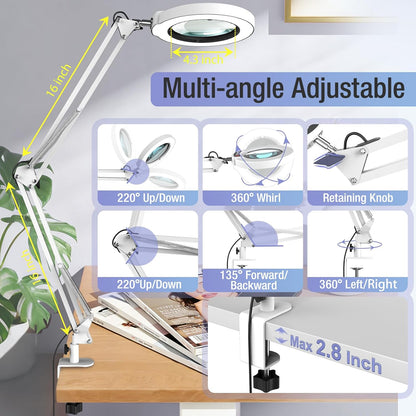 10X Magnifying Glass with Light and Clamp, Real Glass Stand Lighted Magnifier, 5 Color Modes Stepless Dimmable LED Desk Lamp Hands Free for Crafts Hobby Reading Painting Sewing Close Work