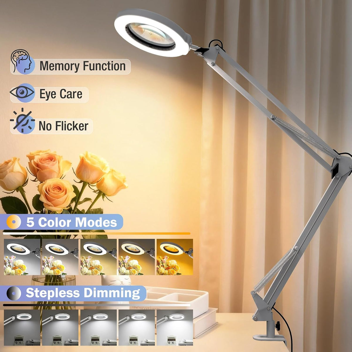 10X Magnifying Glass with Light and Clamp, Real Glass Stand Lighted Magnifier, 5 Color Modes Stepless Dimmable LED Desk Lamp Hands Free for Crafts Hobby Reading Painting Sewing Close Work