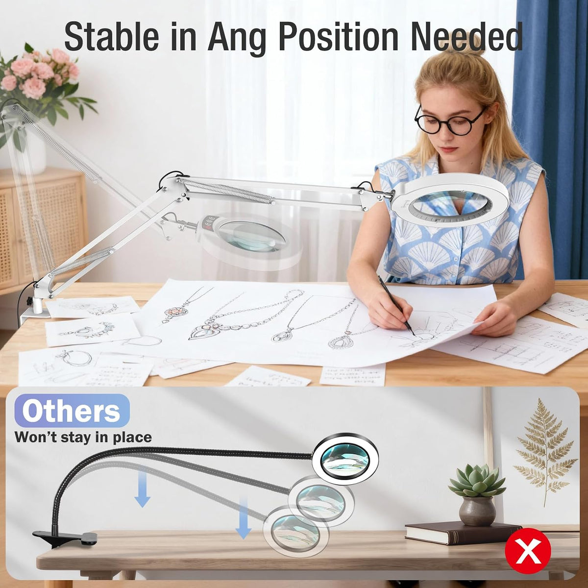 10X Magnifying Glass with Light and Clamp, Real Glass Stand Lighted Magnifier, 5 Color Modes Stepless Dimmable LED Desk Lamp Hands Free for Crafts Hobby Reading Painting Sewing Close Work