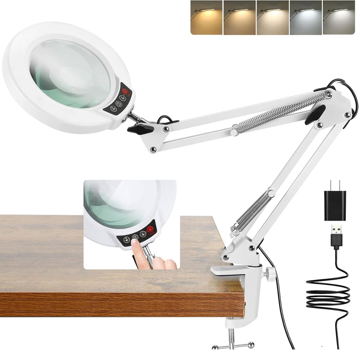 10X Magnifying Glass with Light and Clamp, Real Glass Stand Lighted Magnifier, 5 Color Modes Stepless Dimmable LED Desk Lamp Hands Free for Crafts Hobby Reading Painting Sewing Close Work