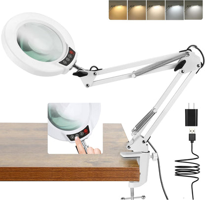 10X Magnifying Glass with Light and Clamp, Real Glass Stand Lighted Magnifier, 5 Color Modes Stepless Dimmable LED Desk Lamp Hands Free for Crafts Hobby Reading Painting Sewing Close Work