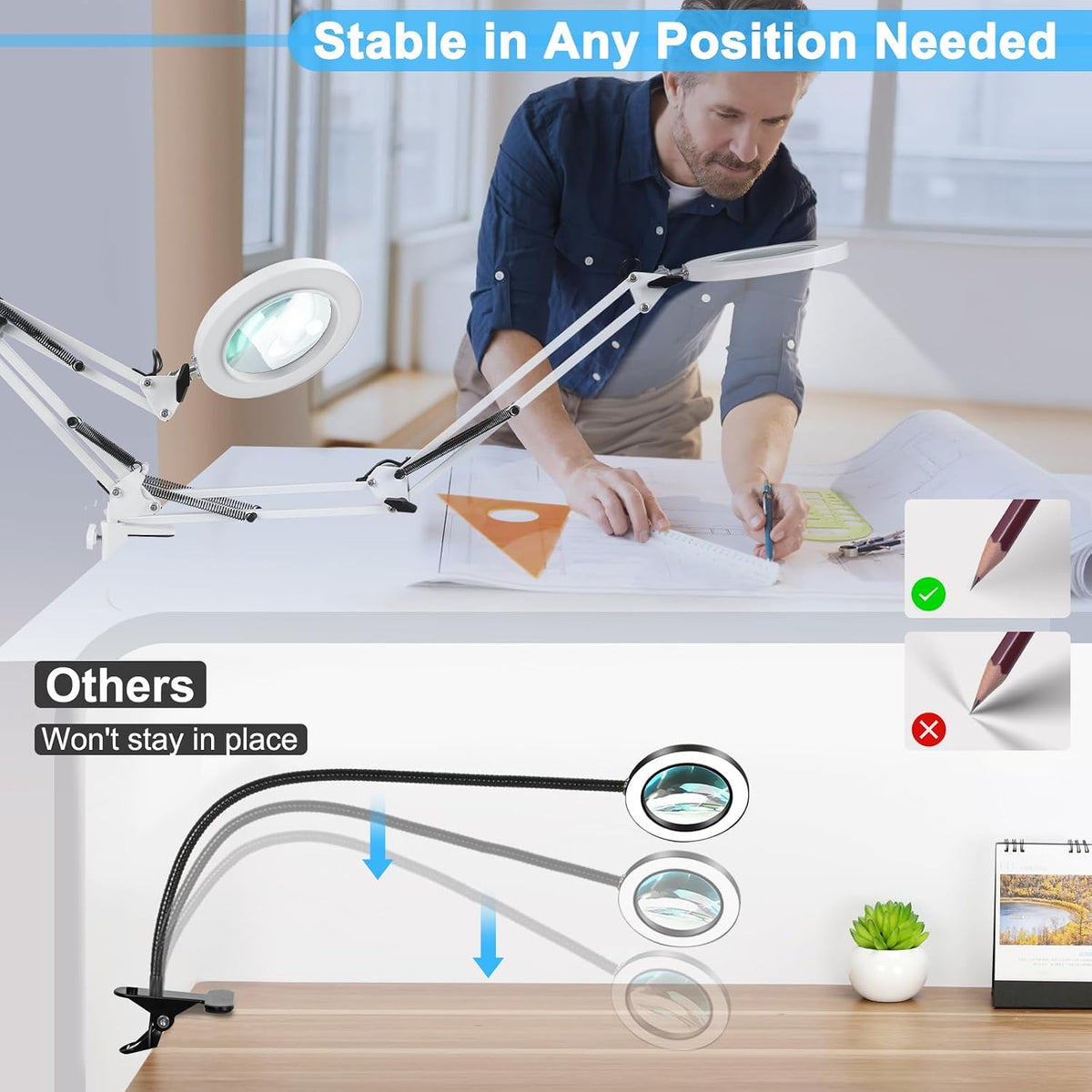 10X Magnifying Glass with Light and Clamp, Real Glass Stand Lighted Magnifier, 5 Color Modes Stepless Dimmable LED Desk Lamp Hands Free for Crafts Hobby Reading Painting Sewing Close Work