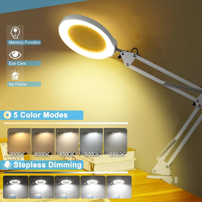 10X Magnifying Glass with Light and Clamp, Real Glass Stand Lighted Magnifier, 5 Color Modes Stepless Dimmable LED Desk Lamp Hands Free for Crafts Hobby Reading Painting Sewing Close Work