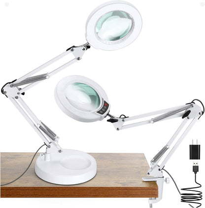 10X Magnifying Glass with Light and Clamp, Real Glass Stand Lighted Magnifier, 5 Color Modes Stepless Dimmable LED Desk Lamp Hands Free for Crafts Hobby Reading Painting Sewing Close Work