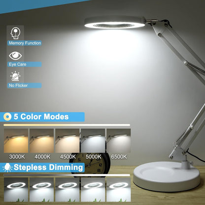 10X Magnifying Glass with Light and Clamp, Real Glass Stand Lighted Magnifier, 5 Color Modes Stepless Dimmable LED Desk Lamp Hands Free for Crafts Hobby Reading Painting Sewing Close Work
