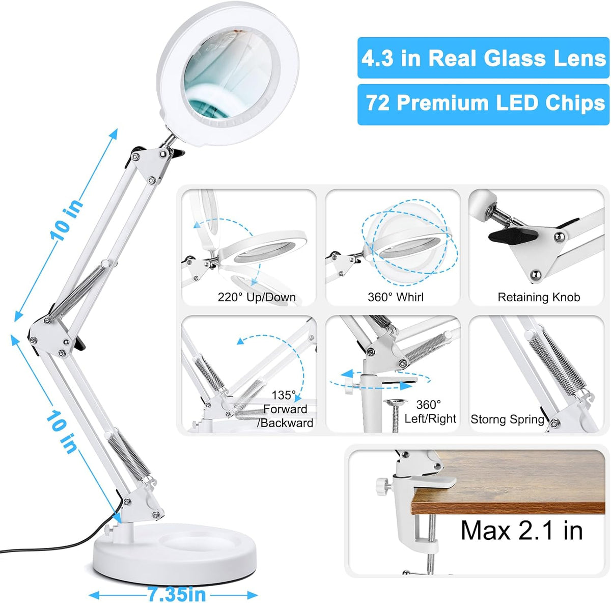 10X Magnifying Glass with Light and Clamp, Real Glass Stand Lighted Magnifier, 5 Color Modes Stepless Dimmable LED Desk Lamp Hands Free for Crafts Hobby Reading Painting Sewing Close Work