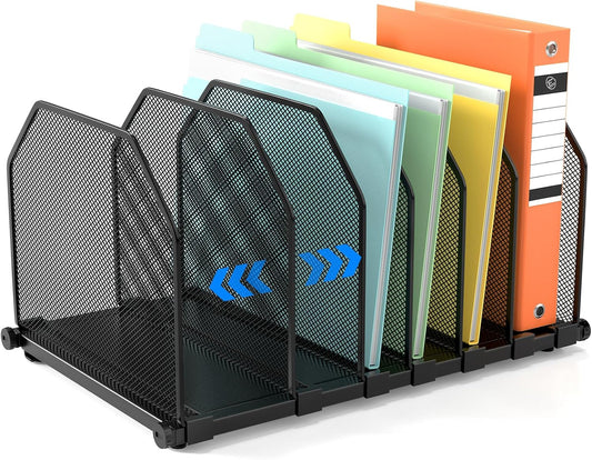 Adjustable File Organizer for Desk, 6 Sections Vertical File Folder Holders
