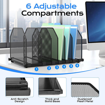 Adjustable File Organizer for Desk, 6 Sections Vertical File Folder Holders
