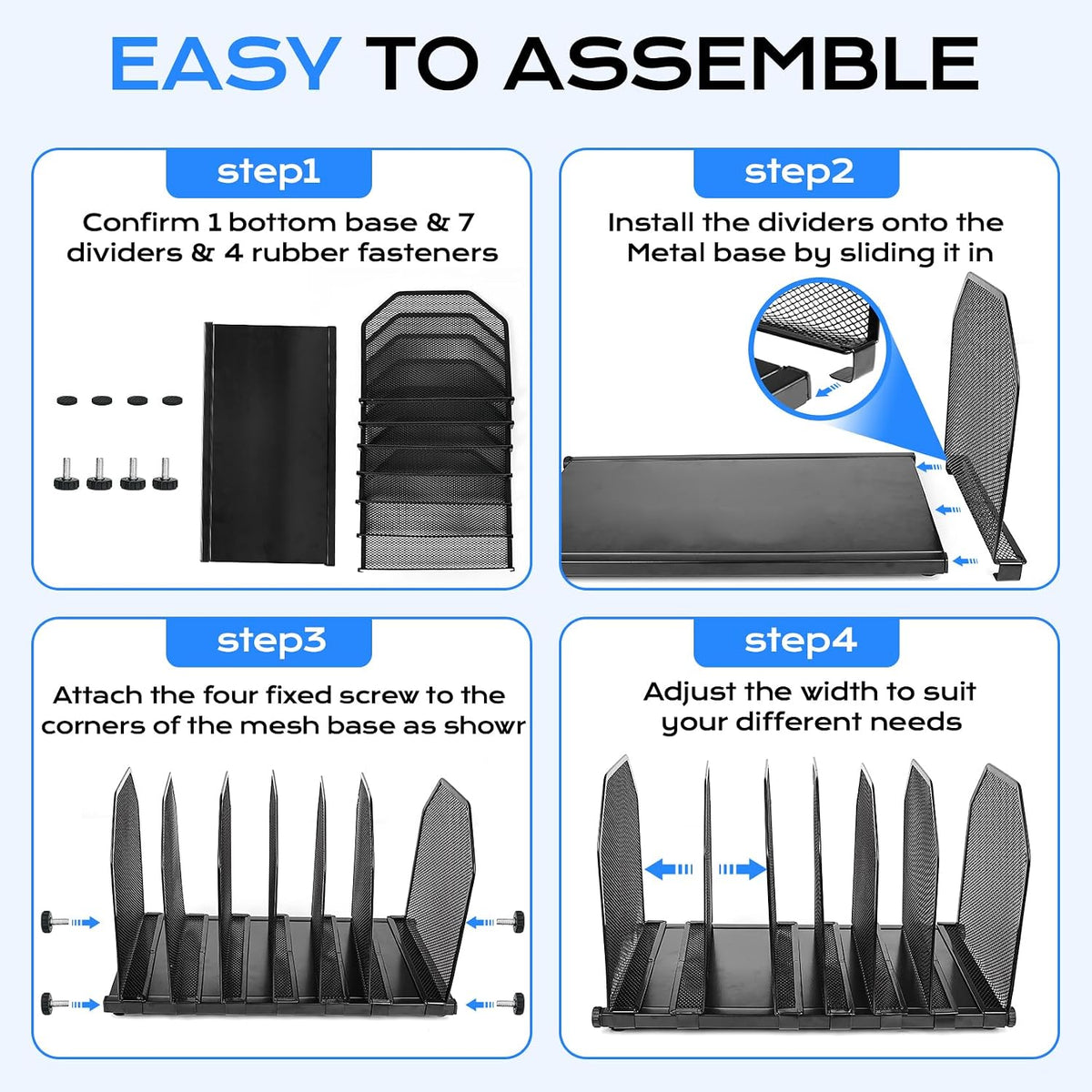 Adjustable File Organizer for Desk, 6 Sections Vertical File Folder Holders