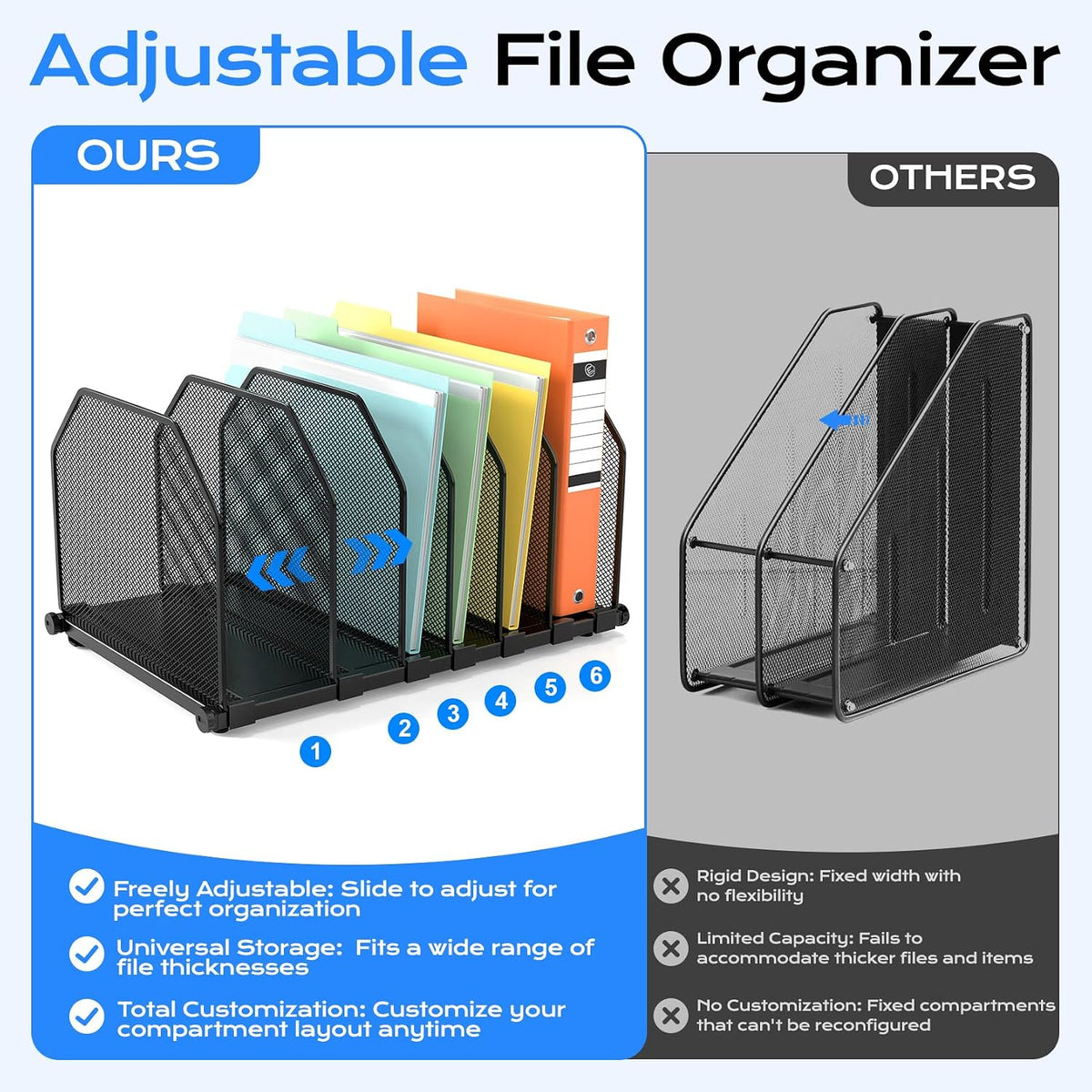 Adjustable File Organizer for Desk, 6 Sections Vertical File Folder Holders