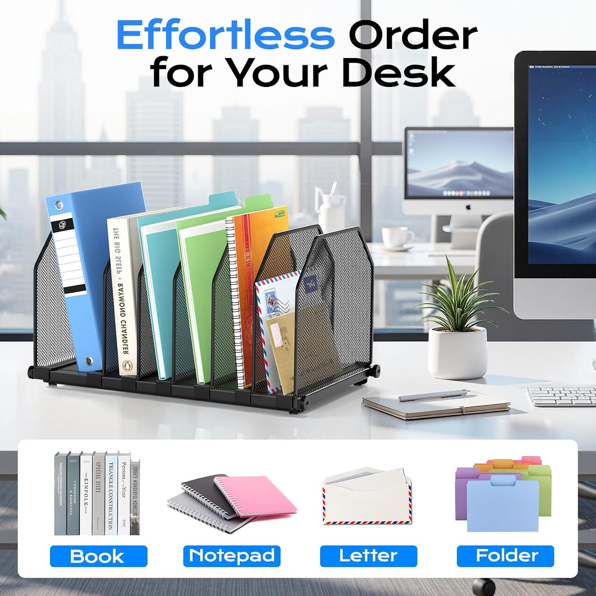 Adjustable File Organizer for Desk, 6 Sections Vertical File Folder Holders