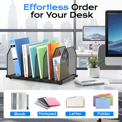 Adjustable File Organizer for Desk, 6 Sections Vertical File Folder Holders