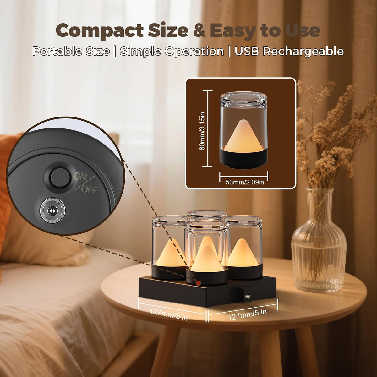 Mini Rechargeable Night Lights with Charging Base | 4-Pack Small Transparent Shower Table Lamps with 7 RGB Color Changing, Portable for Bedroom, Living Room, Desks, Restaurant, Camping