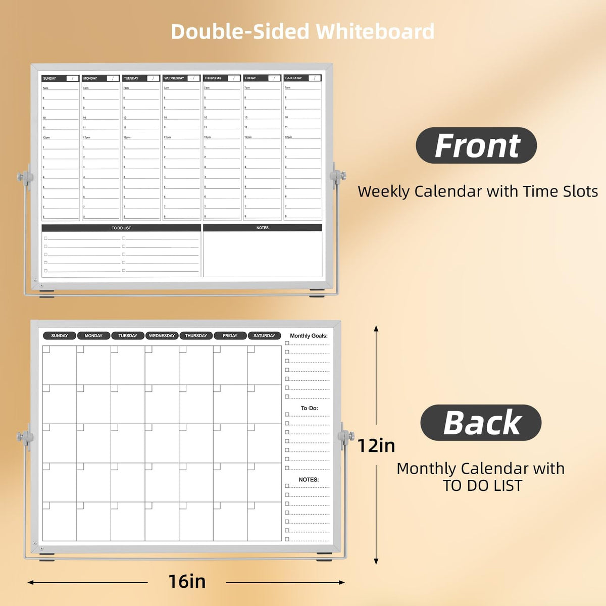 Planning Boards,White Board Dry Erase Calendar with Stand,Double-Sided Weekly Calendar Schedule Board with Time Slots&Monthly Planner with to DO List for Desk and Wall 16"×12"(1 Pack)