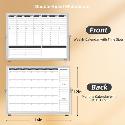 Planning Boards,White Board Dry Erase Calendar with Stand,Double-Sided Weekly Calendar Schedule Board with Time Slots&Monthly Planner with to DO List for Desk and Wall 16"×12"(1 Pack)