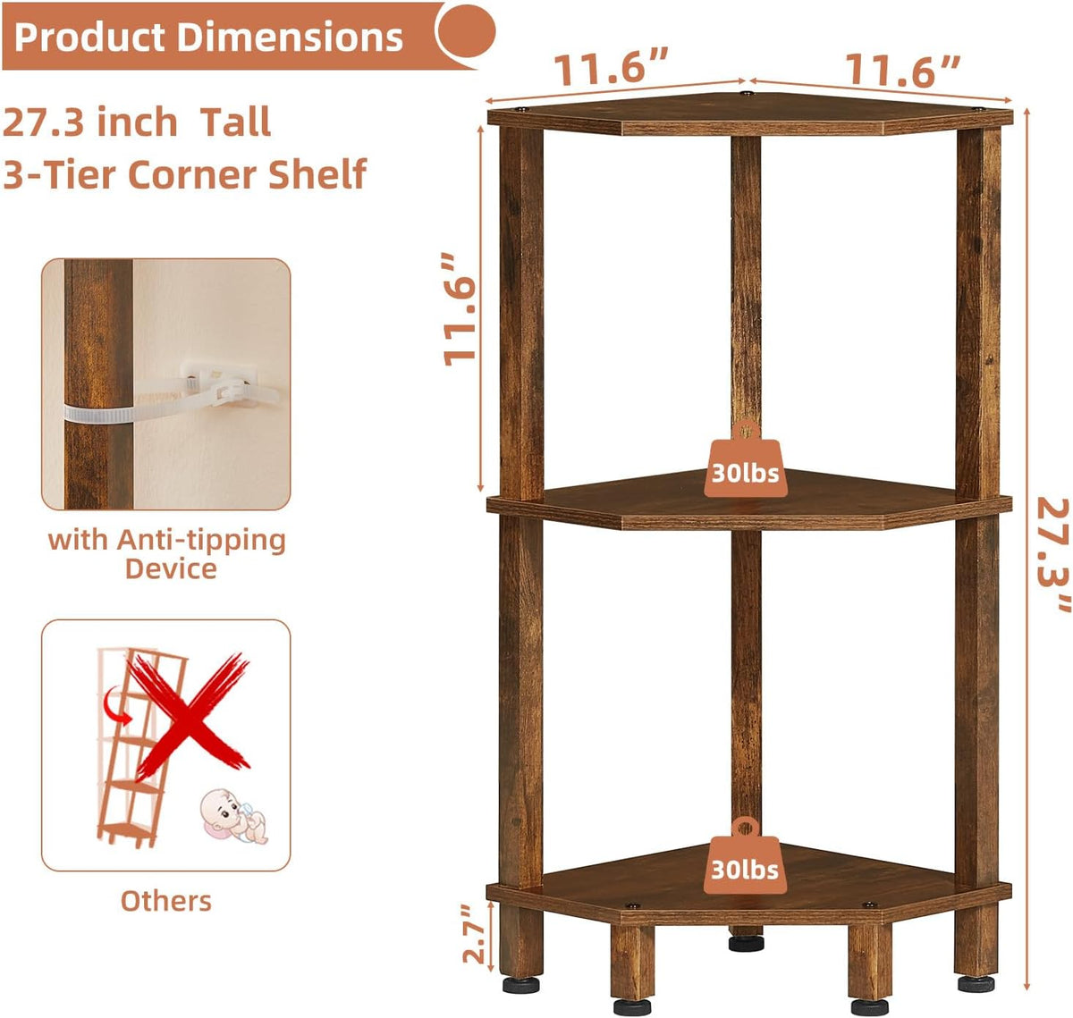 3-Tier Corner Shelf, Brown