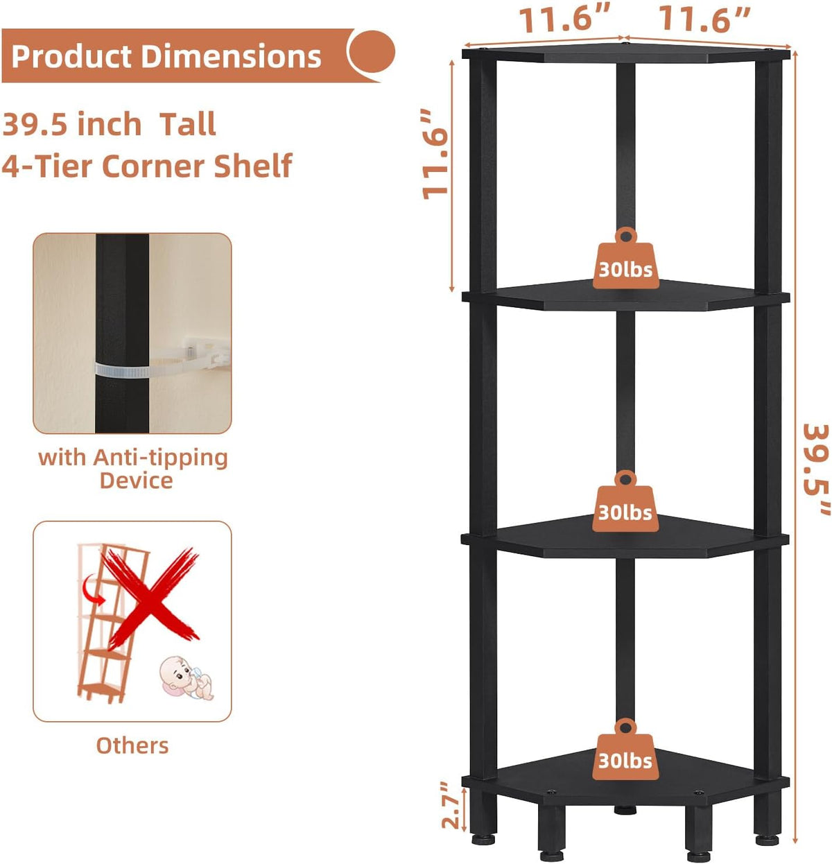 3-Tier Corner Shelf, Brown