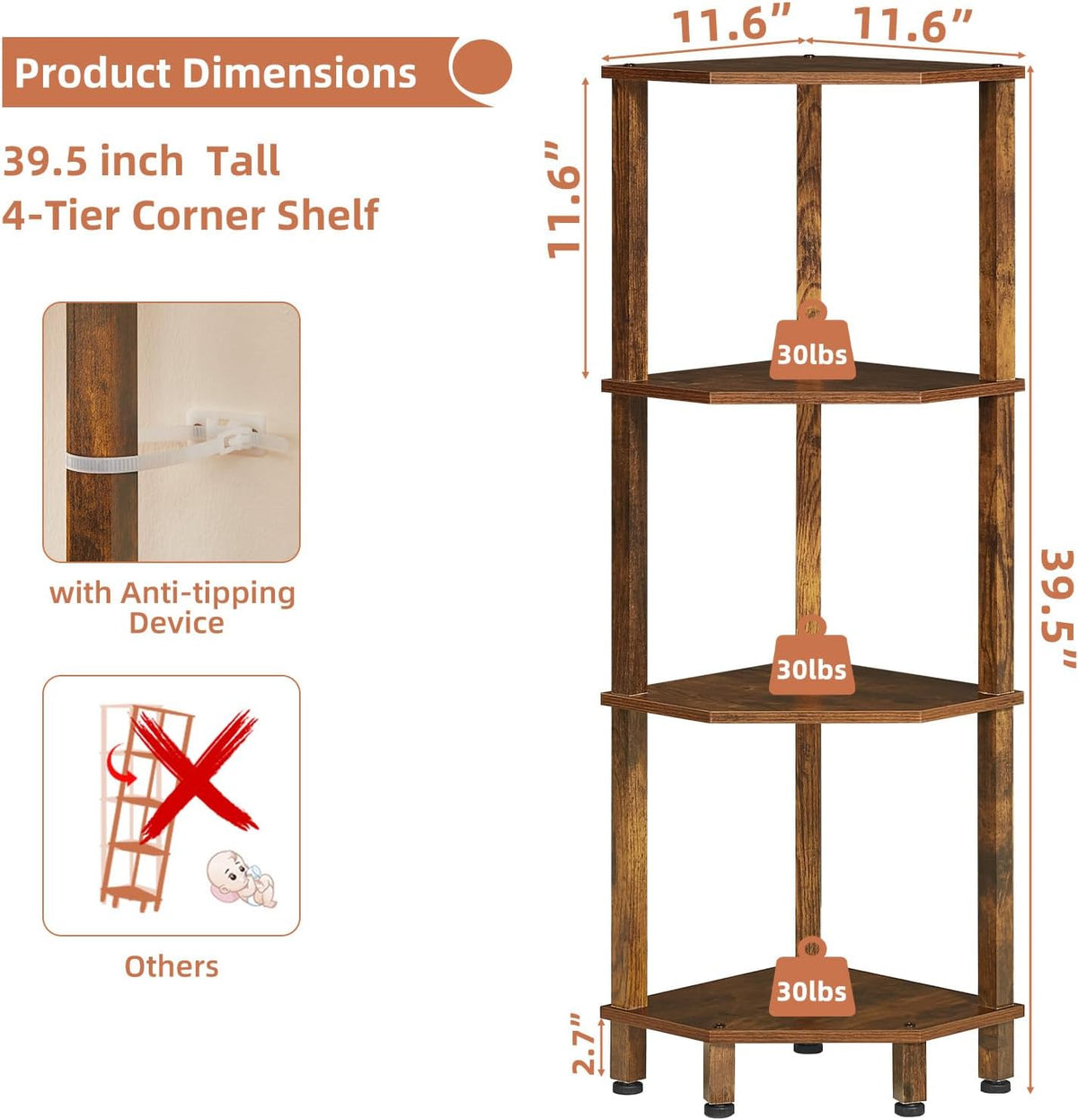 3-Tier Corner Shelf, Brown