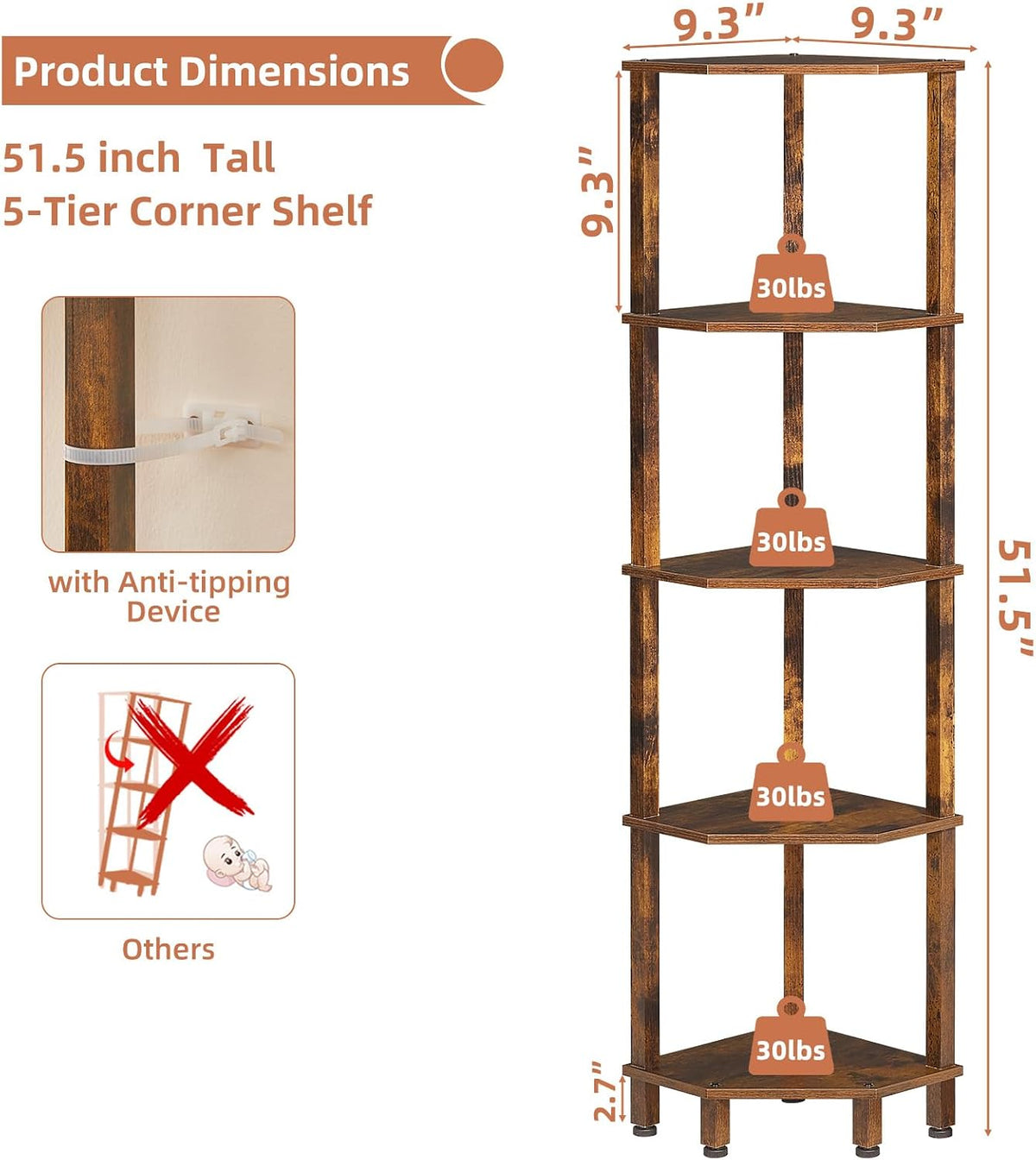 3-Tier Corner Shelf, Brown