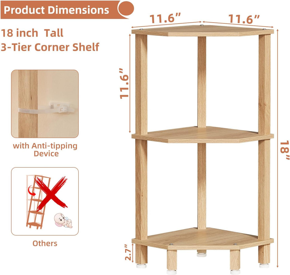 3-Tier Corner Shelf, Brown