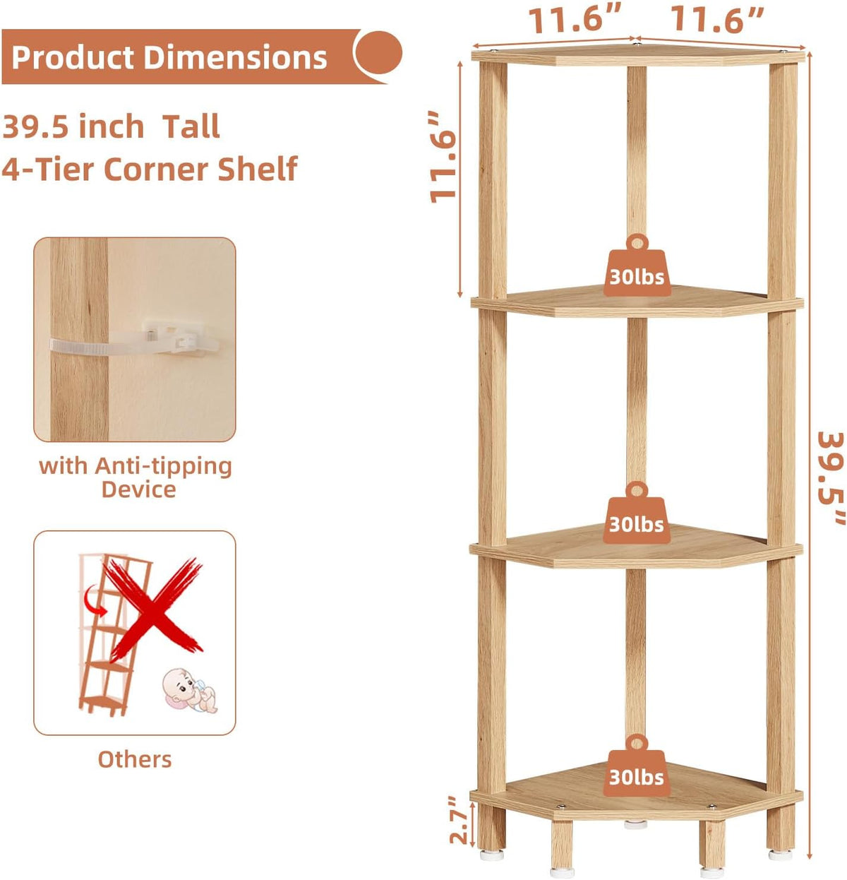 3-Tier Corner Shelf, Brown