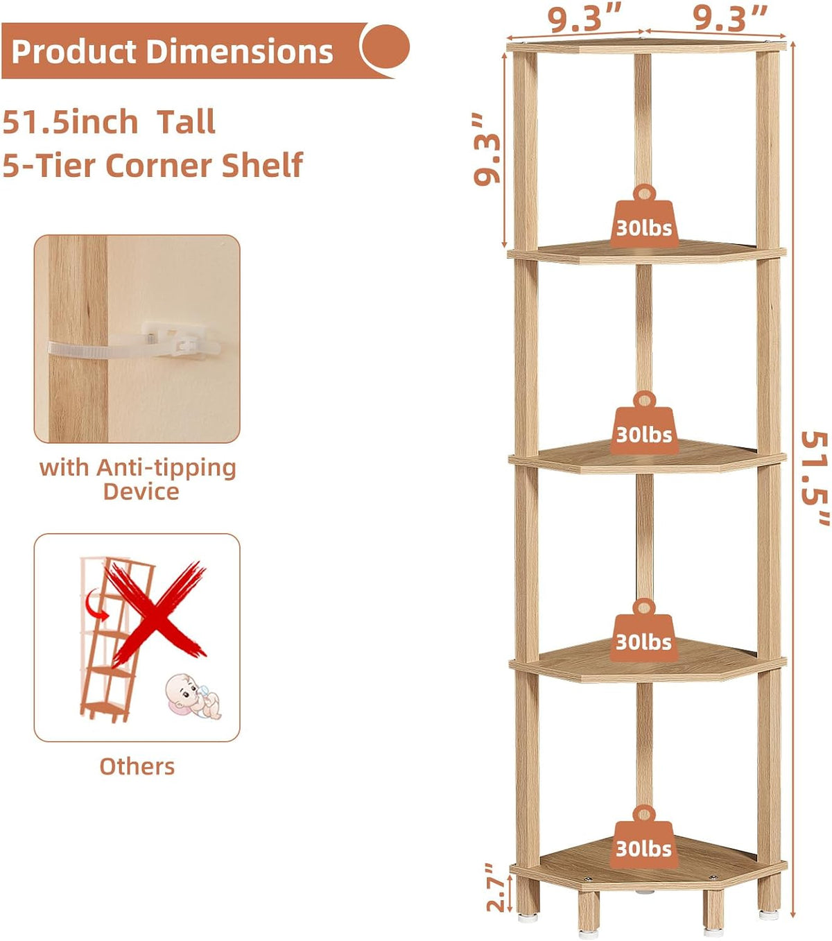 3-Tier Corner Shelf, Brown
