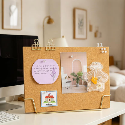 Cork Board Bulletin Board with Metal Stand, Wooden Pin Notice Message Pin Board Desktop Memo Board for Home Office (Golden Base)