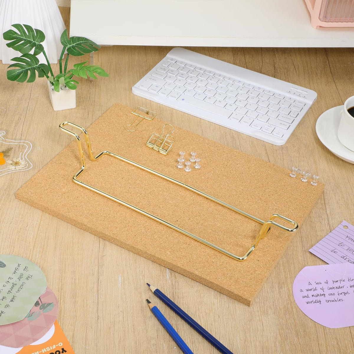 Cork Board Bulletin Board with Metal Stand, Wooden Pin Notice Message Pin Board Desktop Memo Board for Home Office (Golden Base)
