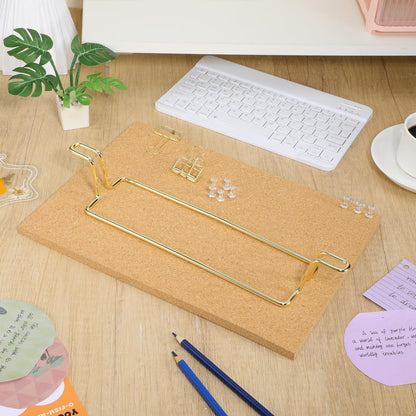 Cork Board Bulletin Board with Metal Stand, Wooden Pin Notice Message Pin Board Desktop Memo Board for Home Office (Golden Base)