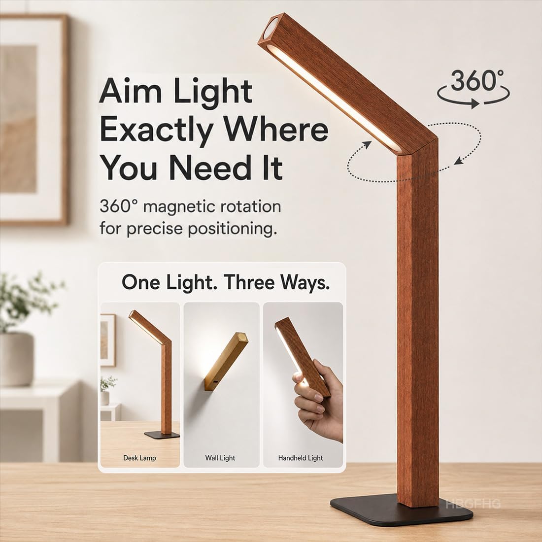 Wooden Desk Lamp Magnetic Wall Mount Rechargeable Home Office-Sapele