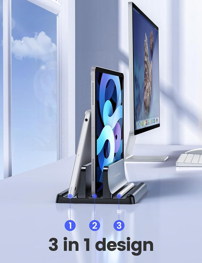Vertical Laptop Stand Holder Organizer Plastic Adjustable Desktop Notebook Dock Space-Saving 3 in 1 for All MacBook Pro Air,Mac,HP,Dell,Microsoft Surface,Lenovo,up to 17.3 inches (Black)