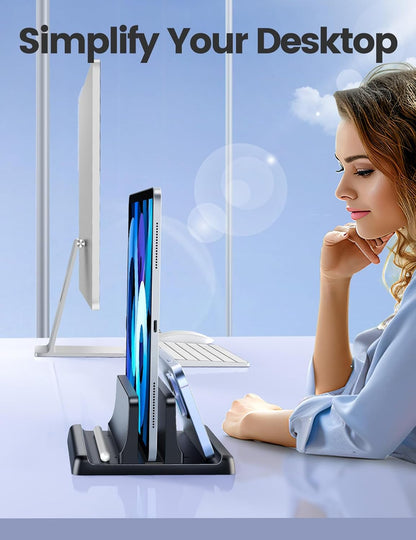 Vertical Laptop Stand Holder Organizer Plastic Adjustable Desktop Notebook Dock Space-Saving 3 in 1 for All MacBook Pro Air,Mac,HP,Dell,Microsoft Surface,Lenovo,up to 17.3 inches (Black)